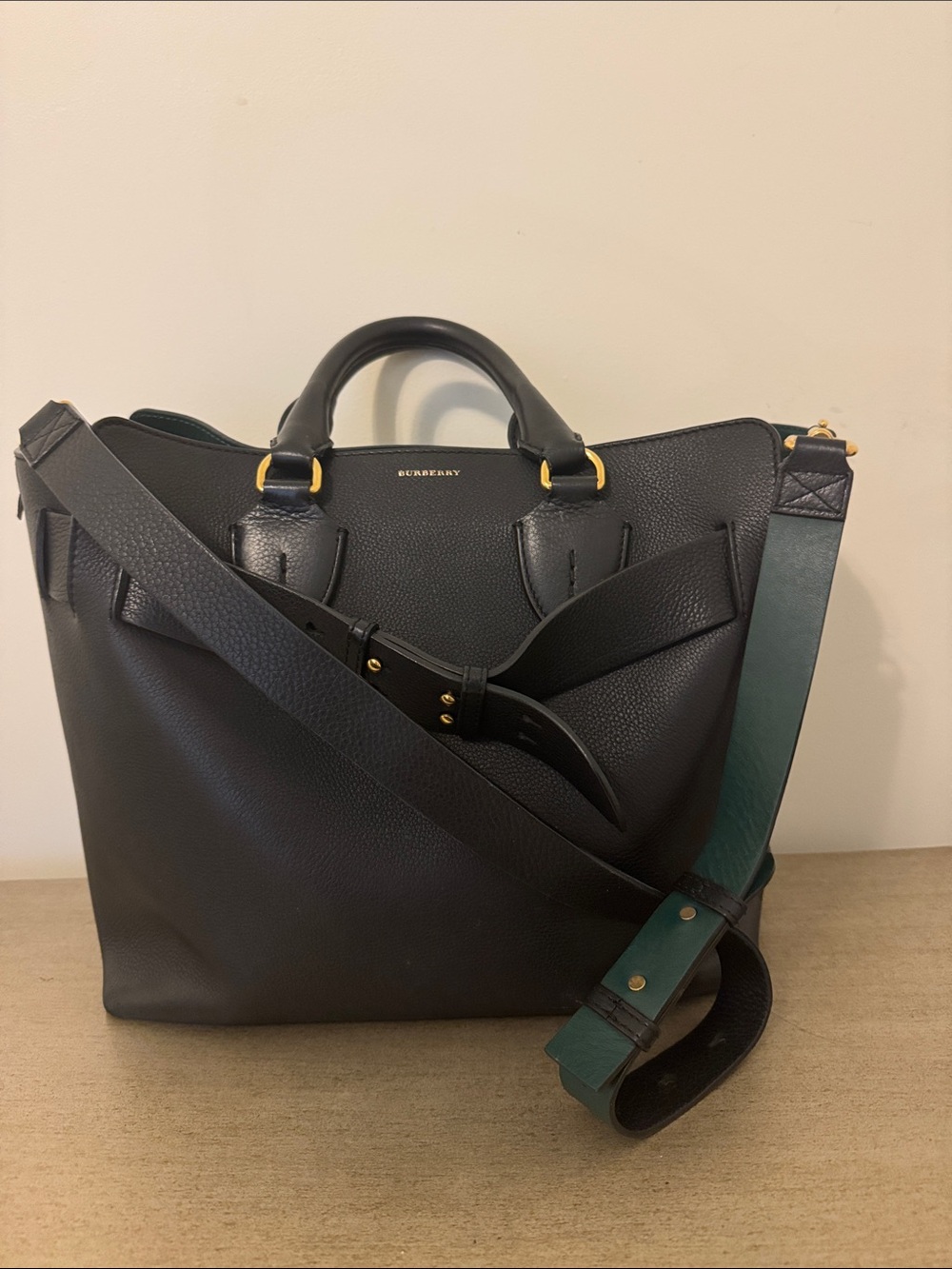 Burberry Black Leather Satchel with Green Accent Strap